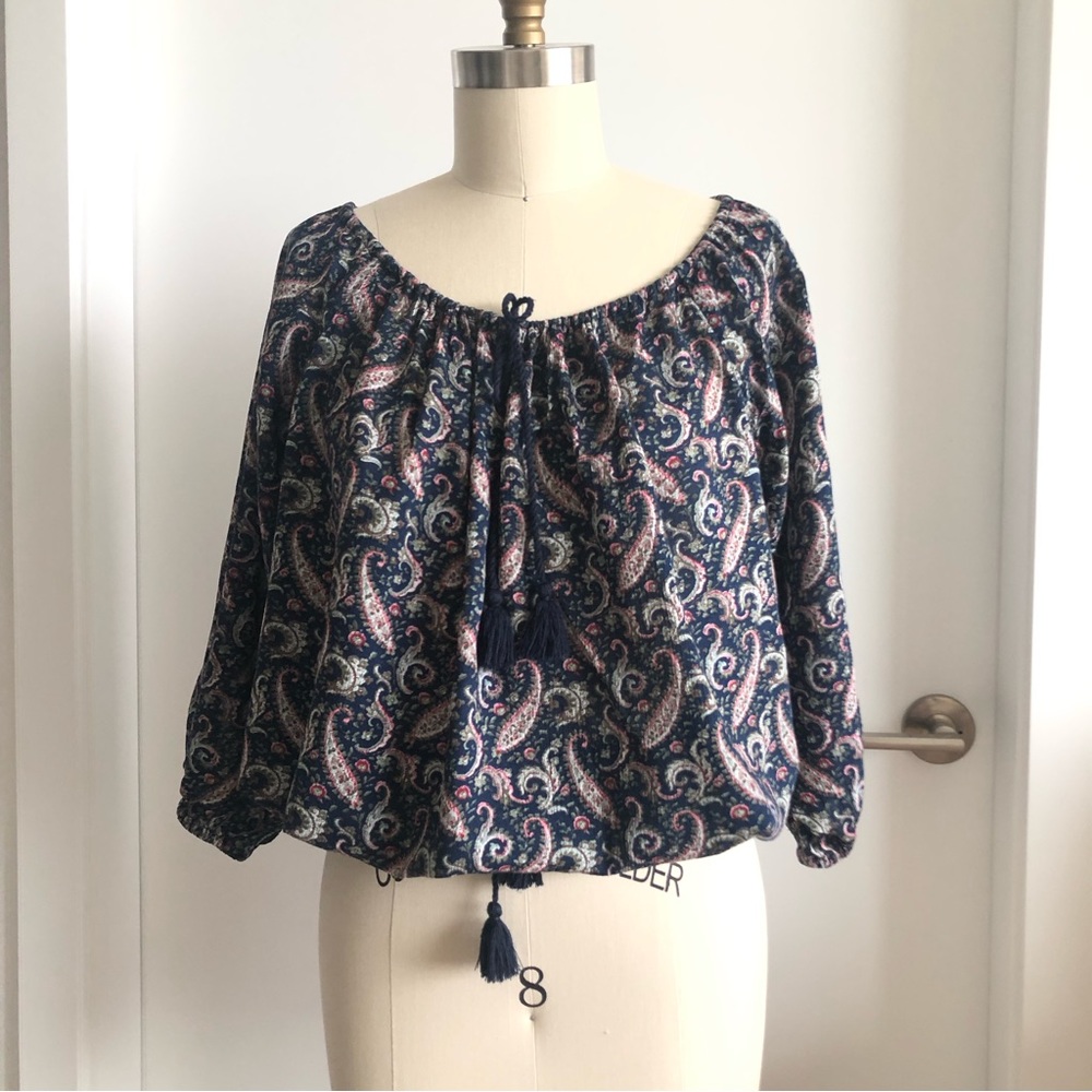 Denim & Supply Ralph Lauren Boho Peasant Top Paisley Print Navy Blue